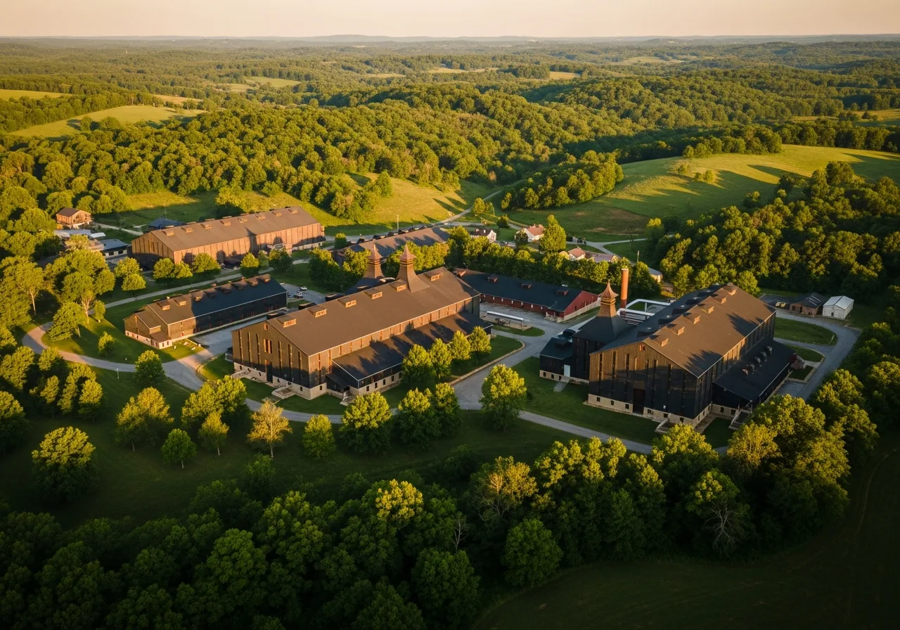 A multi-campus bourbon distillery estate at golden hour