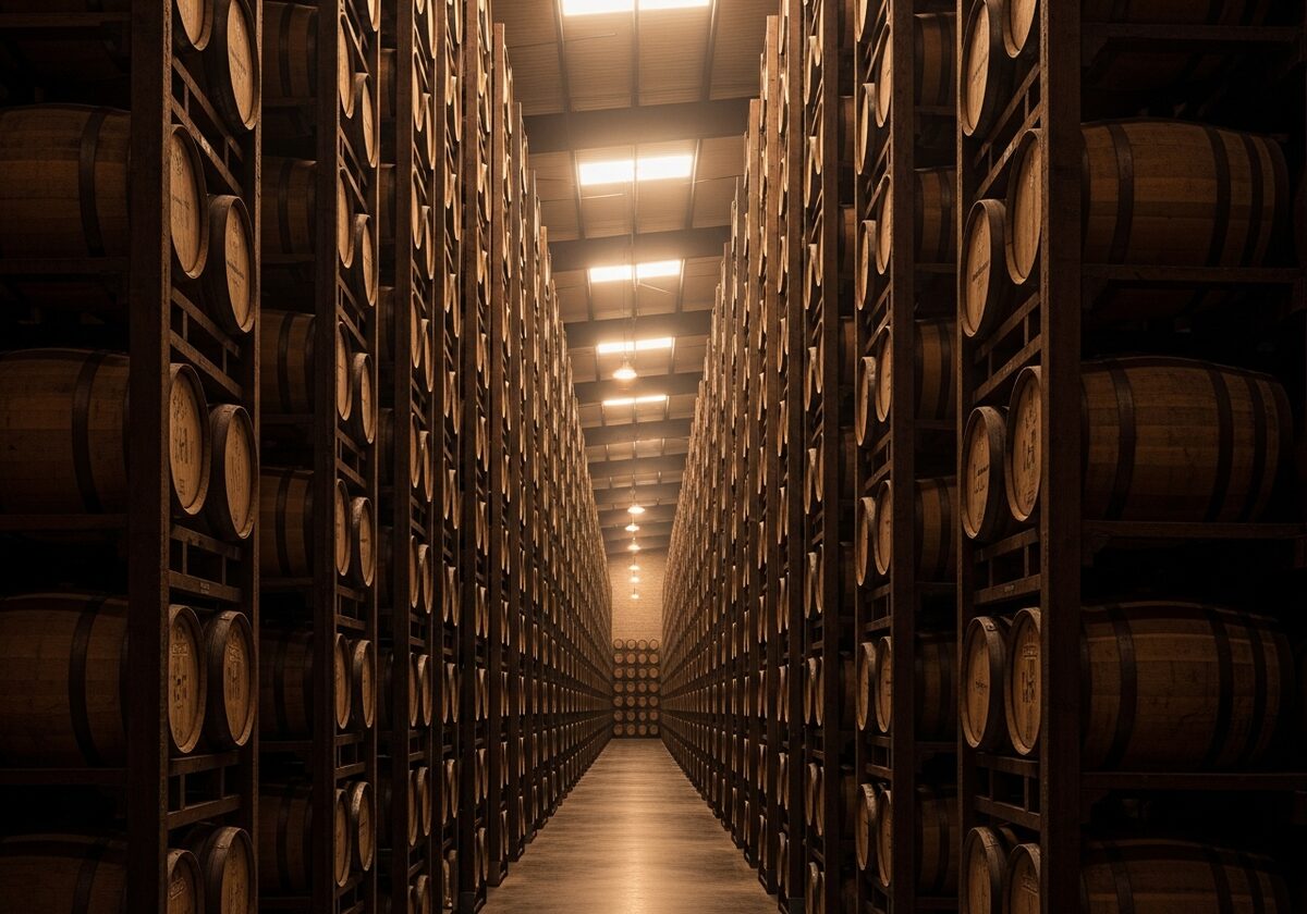 A vast rickhouse filled with thousands of aging barrels