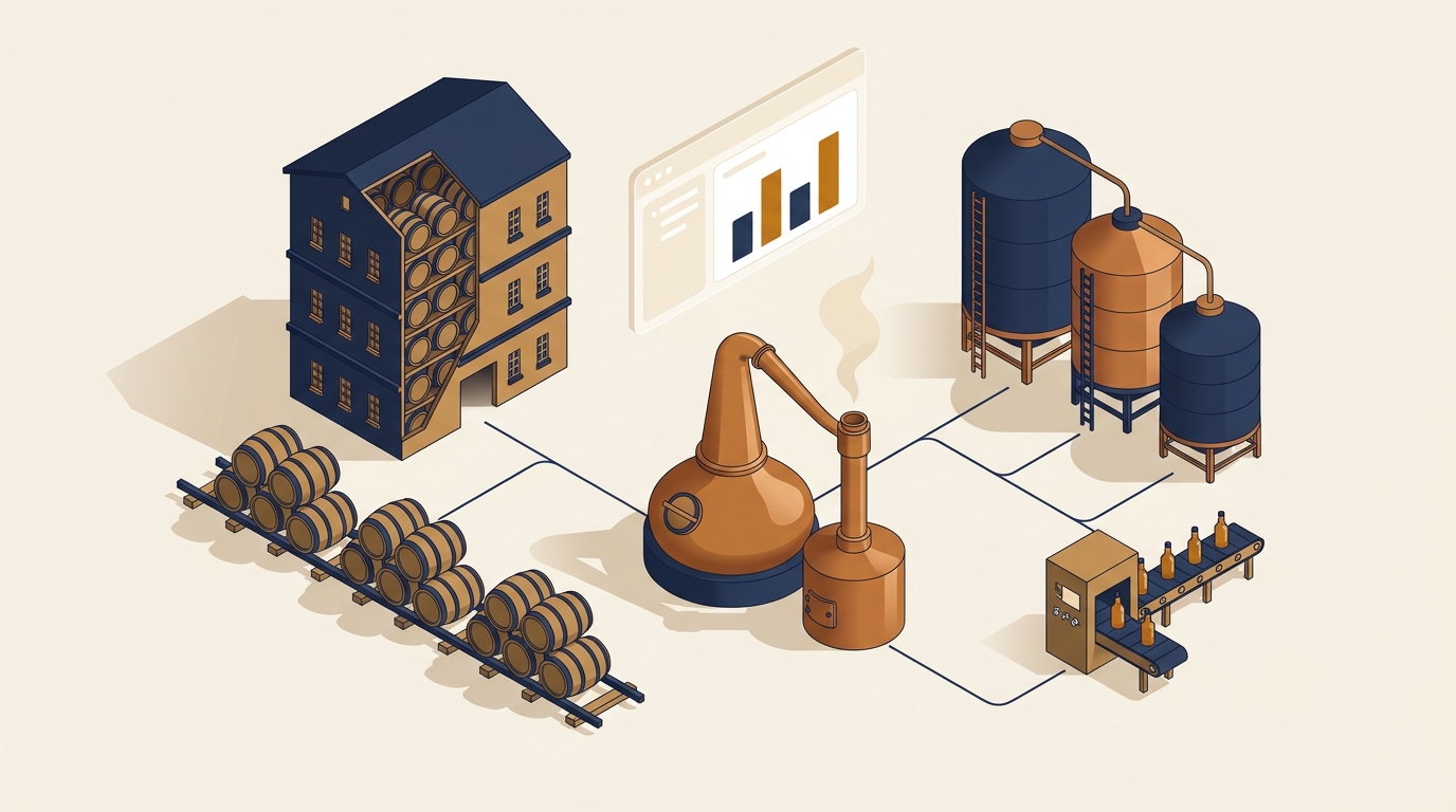 Illustration of a connected distillery: still, rickhouse, barrels, bottling line, and dashboard