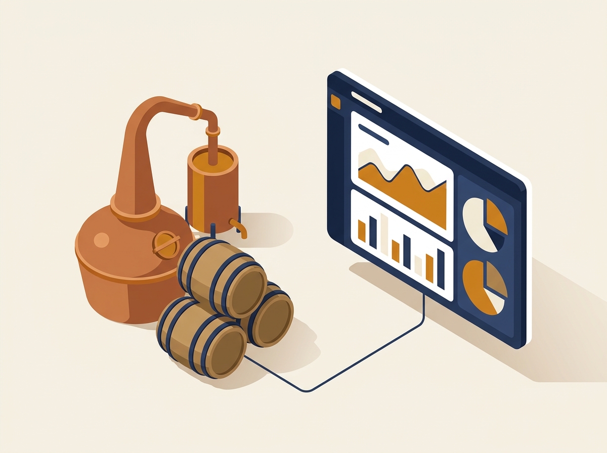 Illustration of tradition meeting technology: a copper still beside a dashboard