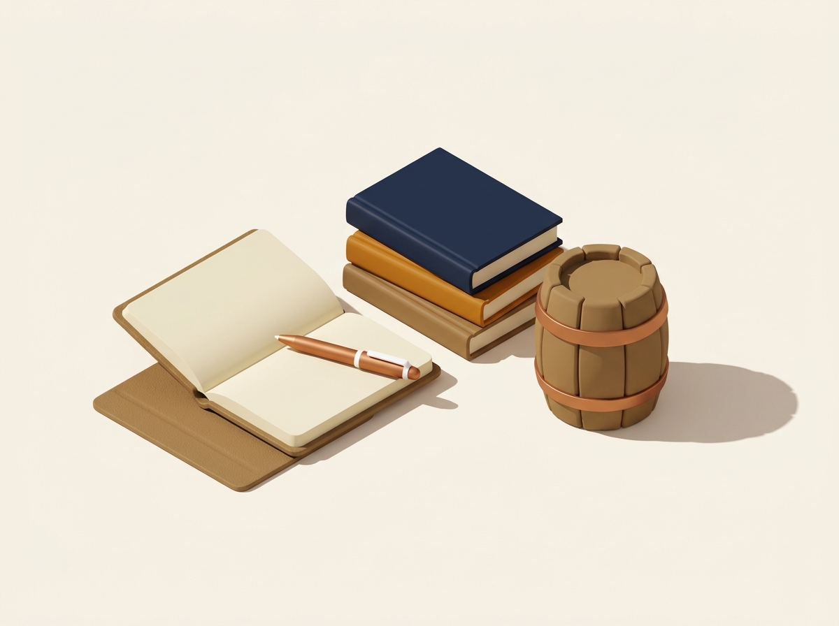 Illustration of an open notebook, books, and a whiskey barrel