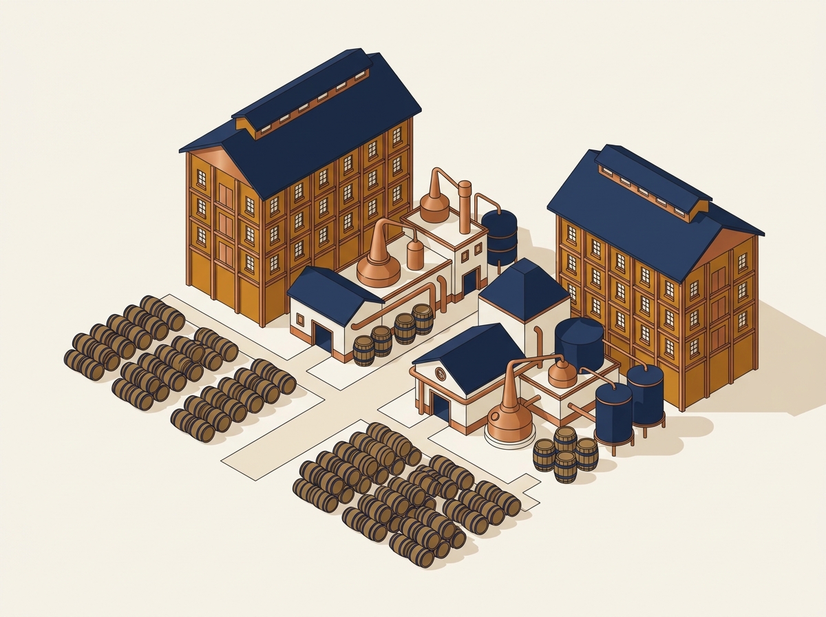 Illustration of a distillery estate campus with rickhouse warehouses and barrels