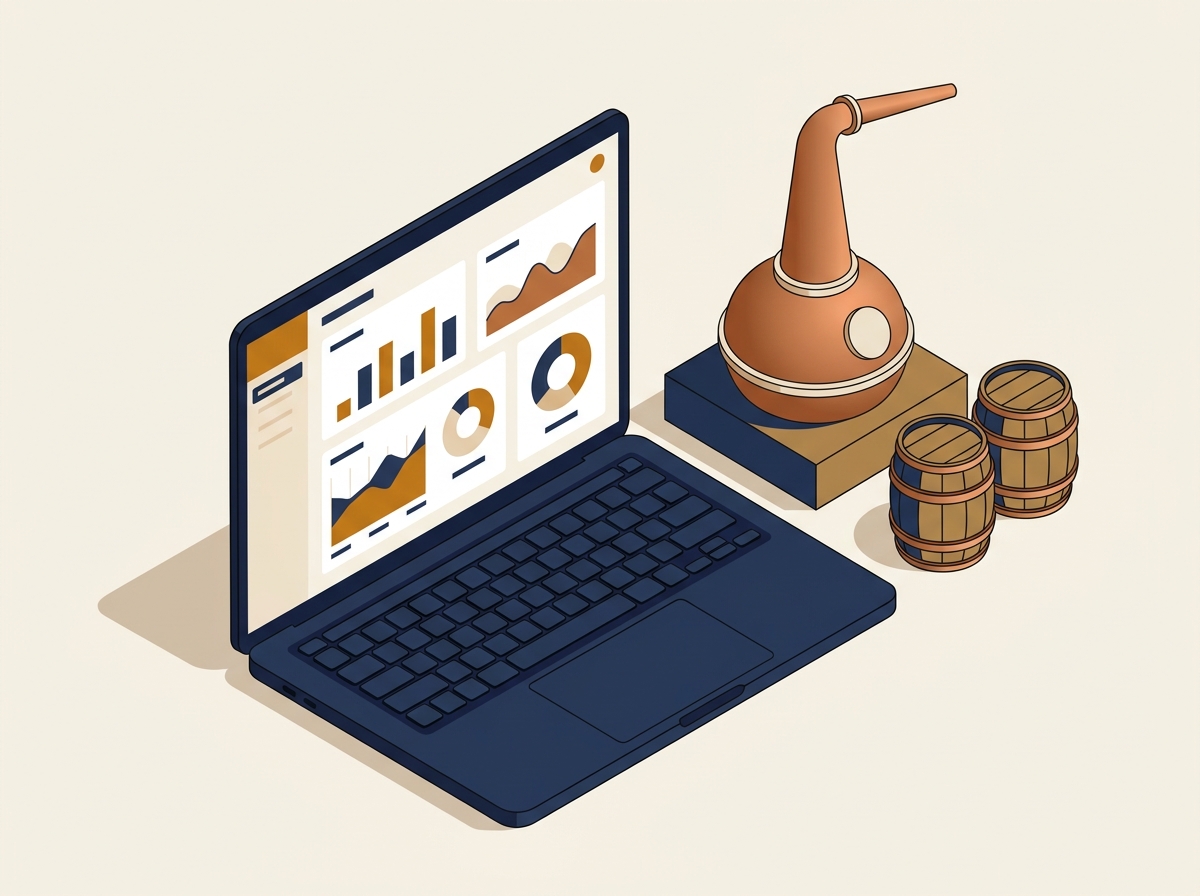 Illustration of the Spirit Sight dashboard on a laptop beside a still and barrels