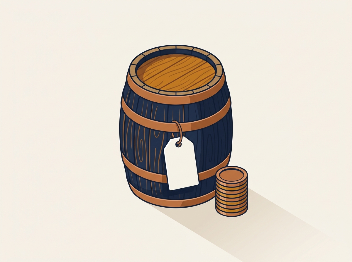 Illustration of a whiskey barrel with a price tag and coins
