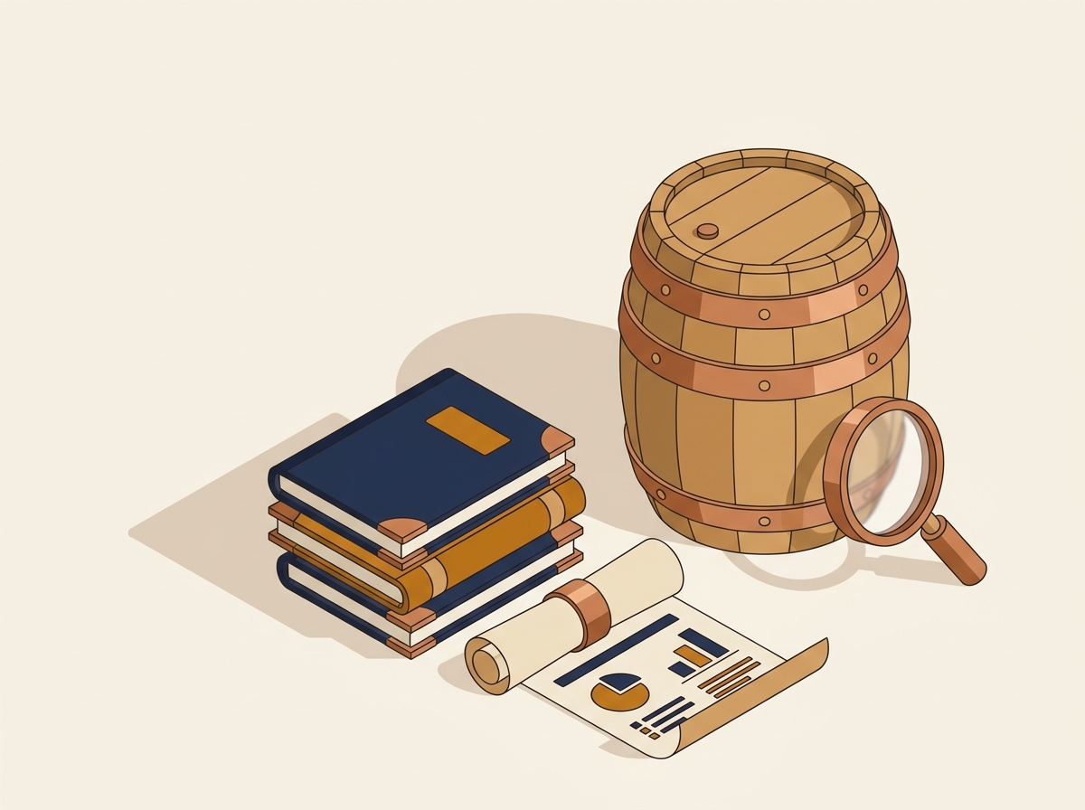 Illustration of distilling guide books, a barrel, and a magnifying glass