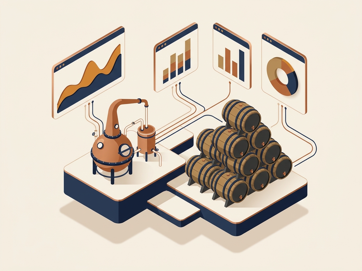 Illustration of the Spirit Sight platform connecting a still, barrels, and dashboards