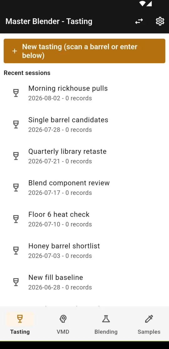 Spirit Sight Master Blender workspace: tasting sessions list with VMD, blending, and samples tabs