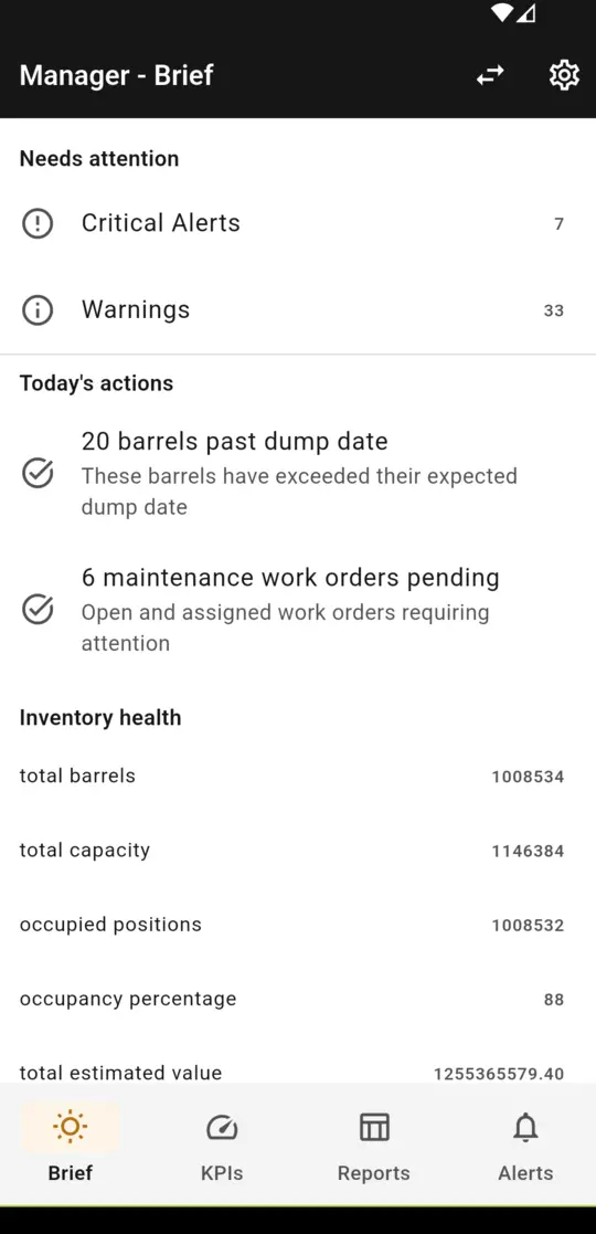 Spirit Sight manager mode morning brief: critical alerts, today's actions, and inventory health on a phone