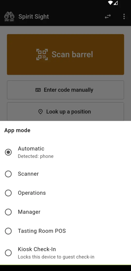 Spirit Sight app mode picker listing Scanner, Operations, Manager, Tasting Room POS, and Kiosk Check-In