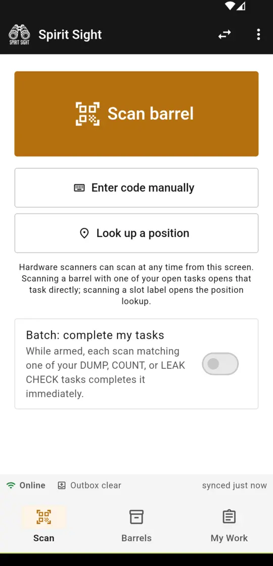 Spirit Sight operations mode on a phone: scan barrel, batch task completion, and sync status