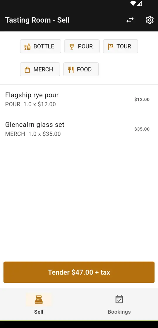 Spirit Sight tasting room POS: a ticket with a pour and merchandise line and a tender total